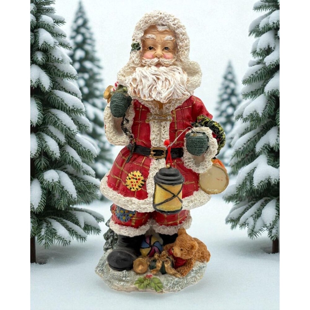 Santa Claus Christmas Figurine Bobble Lantern and Toy Basket Red Plaid Coat